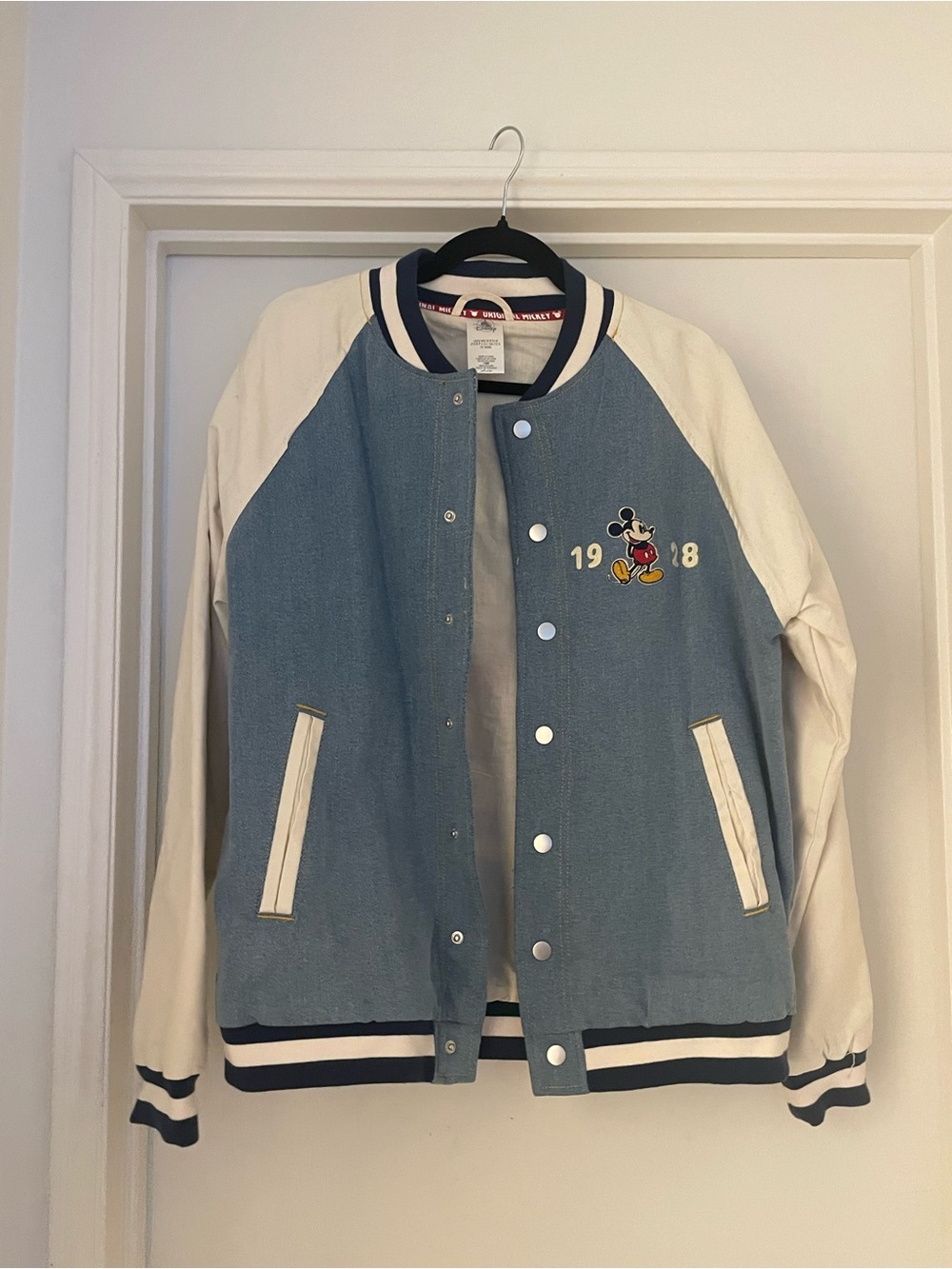 Disney Blue and Cream Mickey Embroidered Varsity Jacket